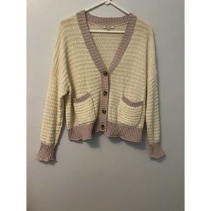 Madewell knit button down grandpa cardigan sweater cotton blend cream purple M